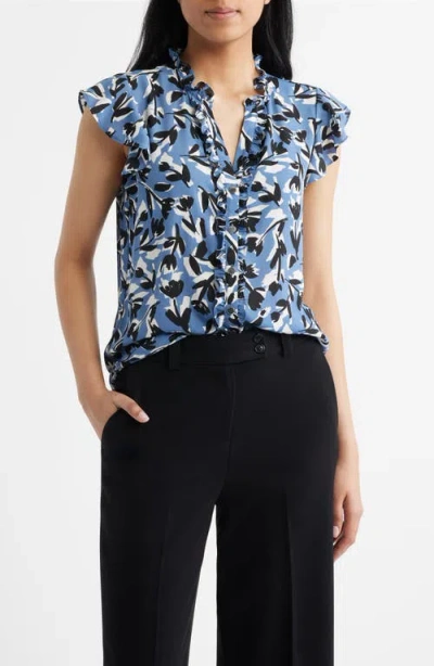 Ak Anne Klein Abstract Floral V-neck Button-up Knit Top In Black