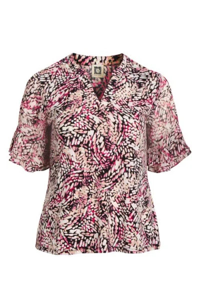 Ak Anne Klein Abstract Print Ruffle Elbow Sleeve Top In Pink