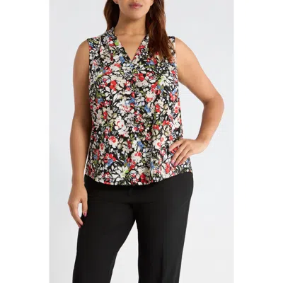 Ak Anne Klein Abstract Print V-neck Button-up Knit Top In Multi