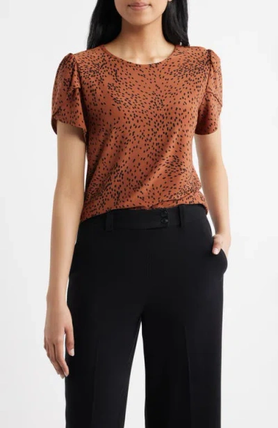 Ak Anne Klein Animal Spot Tulip Sleeve Top In Brown
