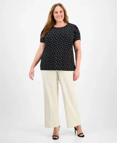 Ak Anne Klein Anne Klein Plus Size Dot Print Blouse Wide Leg Pull On Pants In Anne Black,latte