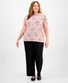Ak Anne Klein Anne Klein Plus Size Printed Tulip-sleeve Top In Peony Pink Multi