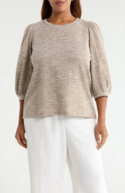 Ak Anne Klein Balloon Sleeve Boucle Knit Top In Vicuna/white Dove