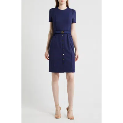 Ak Anne Klein Belted Cool Crepe Sheath Dress In Blue