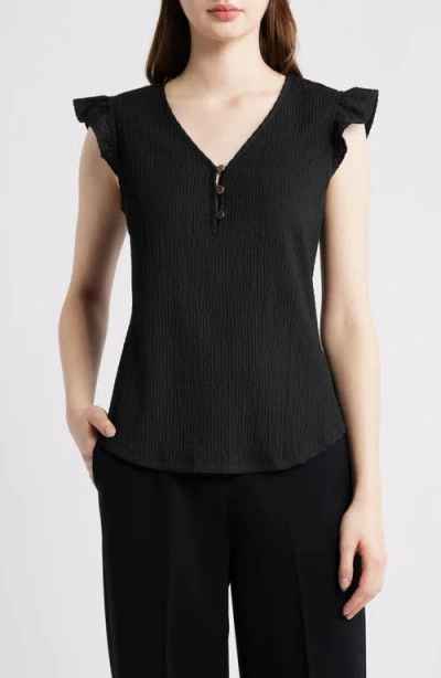 Ak Anne Klein Button Front Ruffle Sleeve Top In Black