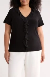 Ak Anne Klein Cascade Ruffle Front Top In Black