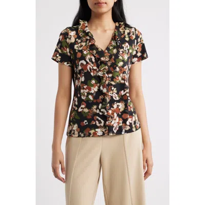 Ak Anne Klein Cascade Ruffle V-neck Top In Black