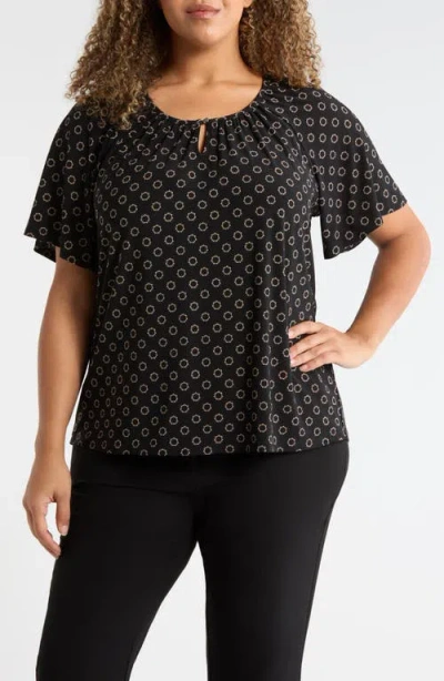 Ak Anne Klein Circle Print Keyhole Peasant Top In Black