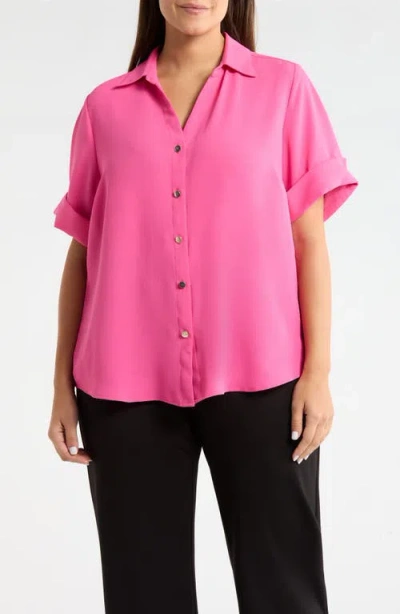 Ak Anne Klein Crepe Button-up Shirt In Pink