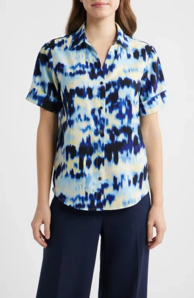 Ak Anne Klein Crepe Button-up Shirt In Blue