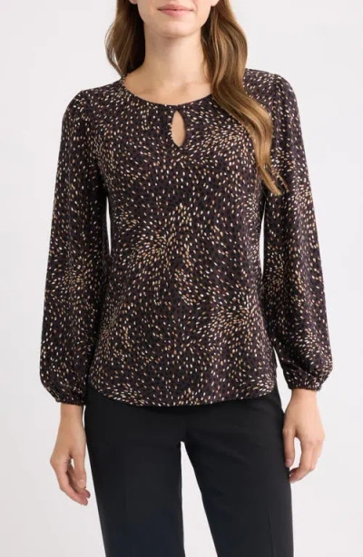 Ak Anne Klein Dot Print Keyhole Long Sleeve Top In Multi
