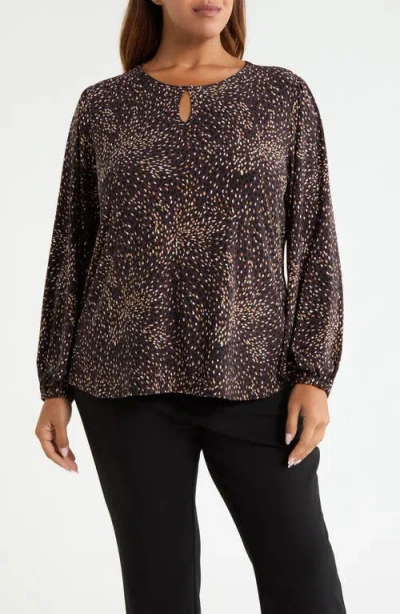 Ak Anne Klein Dot Print Keyhole Top In Chocolate Brown Multi