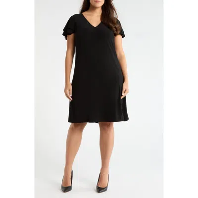 Ak Anne Klein Double Flutter Sleeve A-line Dress In Black