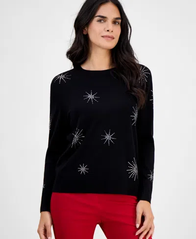 Ak Anne Klein Embellished Crewneck Long-sleeve Sweater In Black