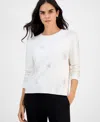 Ak Anne Klein Embellished Crewneck Long-sleeve Sweater In White
