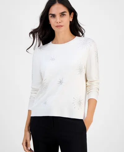 Ak Anne Klein Embellished Crewneck Long-sleeve Sweater In White