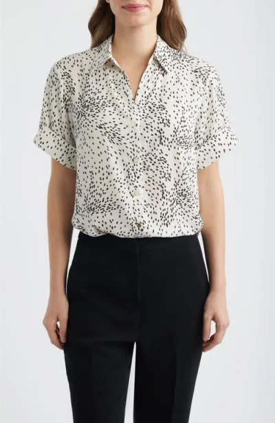 Ak Anne Klein Fleck Print Short Sleeve Button-up Shirt In White