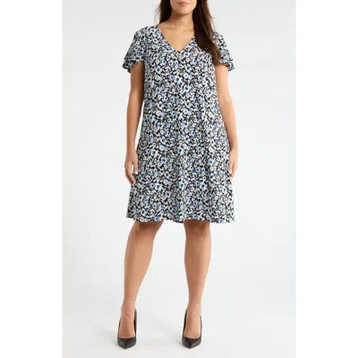Ak Anne Klein Floral Double Flutter Sleeve Dress In Black