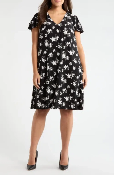 Ak Anne Klein Floral Double Flutter Sleeve Dress In Black