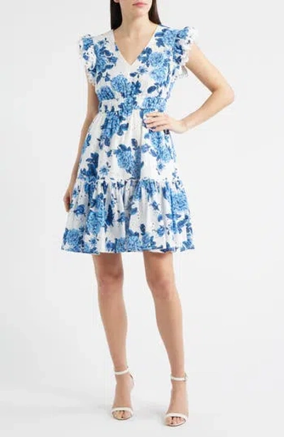 Ak Anne Klein Floral Eyelet Lace Dress In Blue