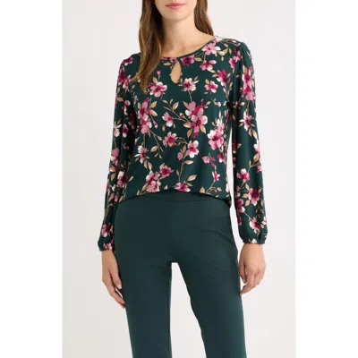 Ak Anne Klein Floral Keyhole Long Sleeve Top In Multi