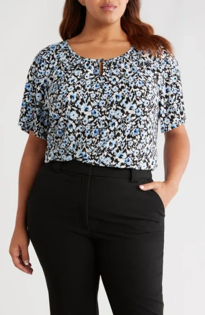 Ak Anne Klein Floral Keyhole Peasant Top In Multi