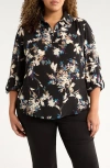 Ak Anne Klein Floral Popover Crêpe De Chine Top In Black