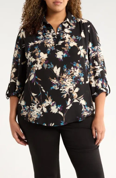 Ak Anne Klein Floral Popover Crêpe De Chine Top In Black