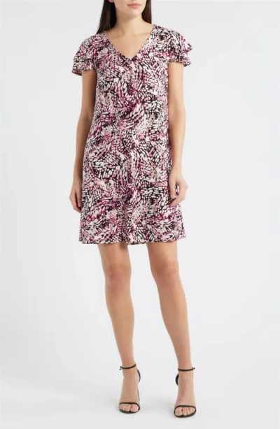 Ak Anne Klein Floral Print Flutter Sleeve Dress In Pink