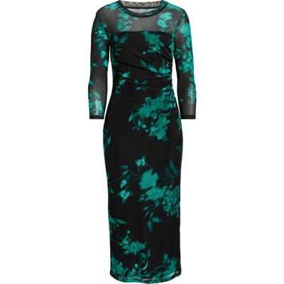 Ak Anne Klein Floral Print Mesh Midi Dress In Black