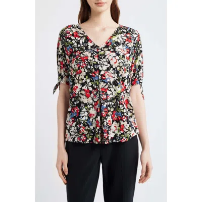 Ak Anne Klein Floral Print Short Sleeve Jersey Top In Black