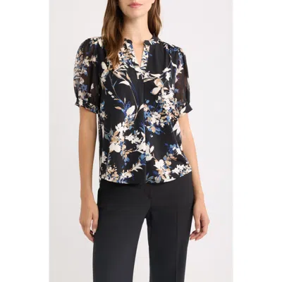Ak Anne Klein Floral Print Split Neck Top In Black