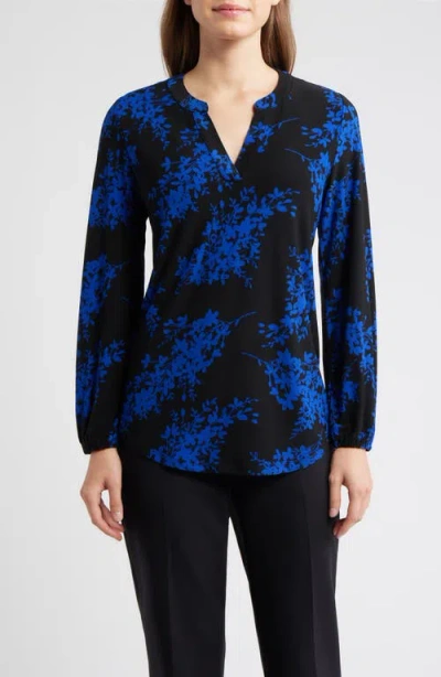 Ak Anne Klein Floral Print Split Neck Top In Blue