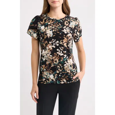 Ak Anne Klein Floral Print Tulip Sleeve Jersey Top In Anne Black/treeline Multi