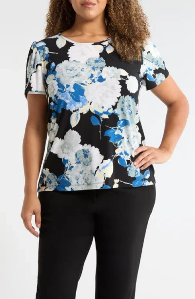 Ak Anne Klein Floral Print Tulip Sleeve Top In Black