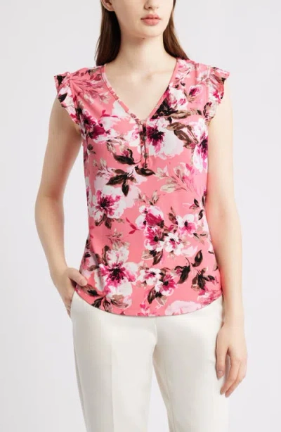 Ak Anne Klein Floral Ruffle Jersey Top In Pink