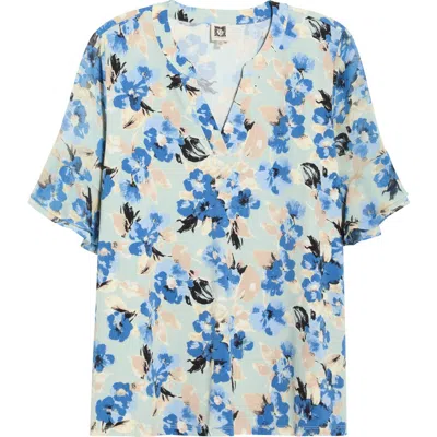 Ak Anne Klein Floral Ruffle Sleeve Top In Blue