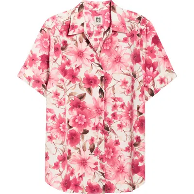 Ak Anne Klein Floral Short Sleeve Button-up Shirt In Pink