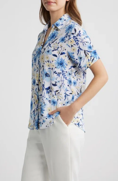 Ak Anne Klein Floral Short Sleeve Button-up Top In Purple