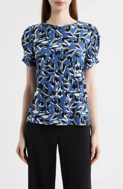 Ak Anne Klein Floral Short Sleeve Top In Blue