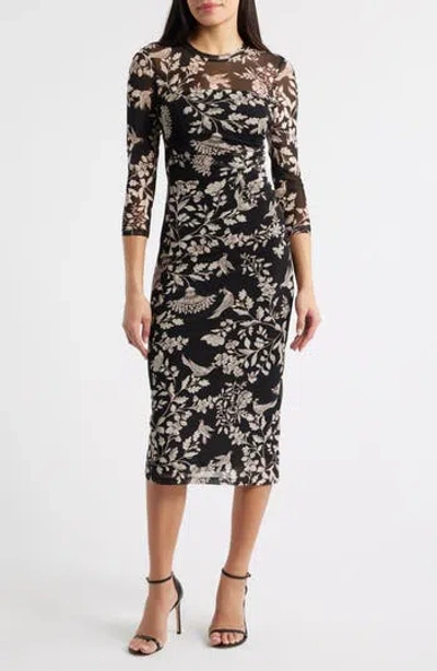Ak Anne Klein Floral Side Ruched Mesh Midi Dress In Multi