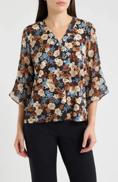 Ak Anne Klein Floral Split Neck Bell Sleeve Top In Brown