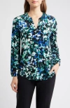 Ak Anne Klein Floral Split Neck Top In Multi