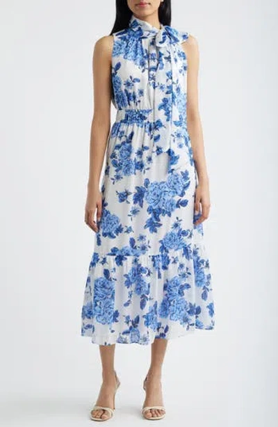 Ak Anne Klein Floral Stripe Mock Neck Midi Dress In Blue