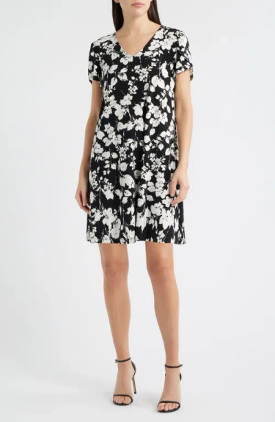 Ak Anne Klein Floral Tulip Sleeve Swing Dress In Black
