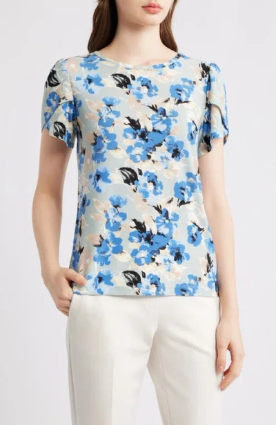 Ak Anne Klein Floral Tulip Sleeve Top In Blue