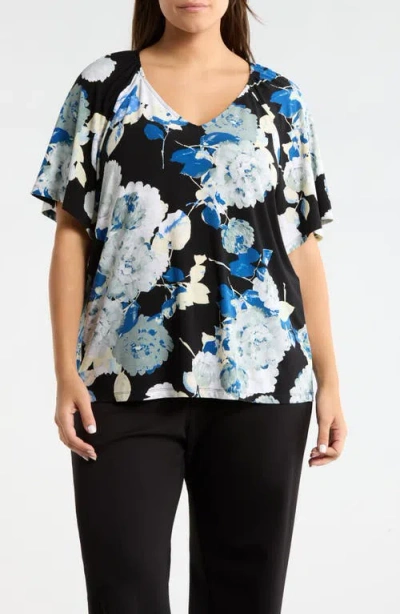 Ak Anne Klein Floral V-neck Top In Black