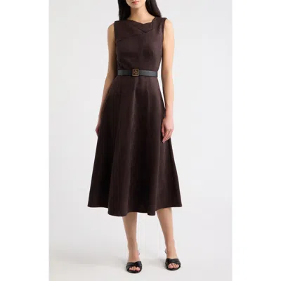 Ak Anne Klein Folded Drape Neck Midi Dress In Brown