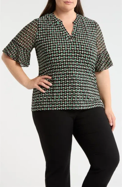 Ak Anne Klein Geo Pattern Split Neck Knit Top In Multi