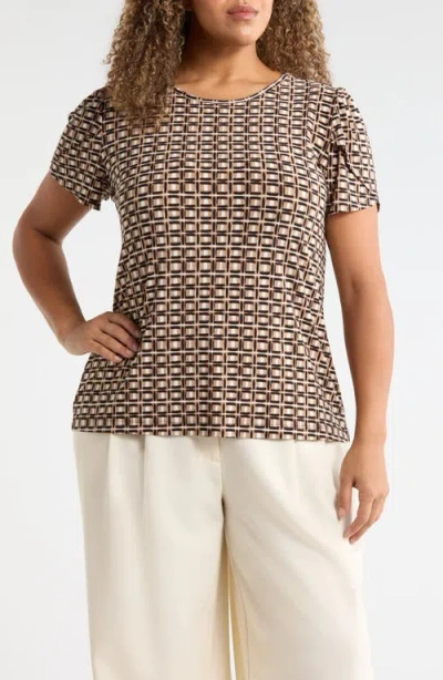 Ak Anne Klein Geo Print Tulip Sleeve Top In Brown